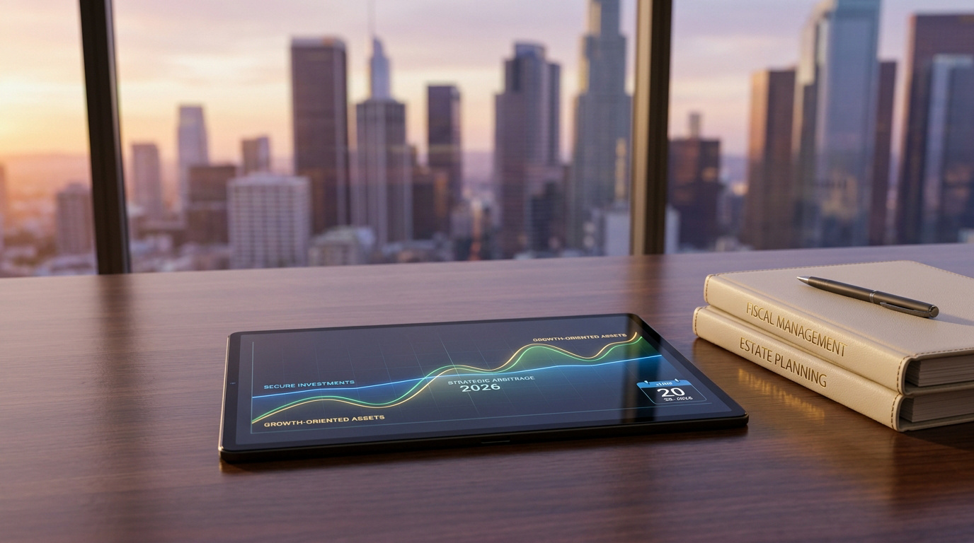 Tablette affichant des courbes de croissance financière sur un bureau avec des livres, devant une vue urbaine au coucher.