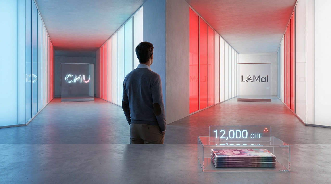 Un homme debout face à deux couloirs, l'un marqué CMU et l'autre LAMal, avec une pile de billets en francs suisses.