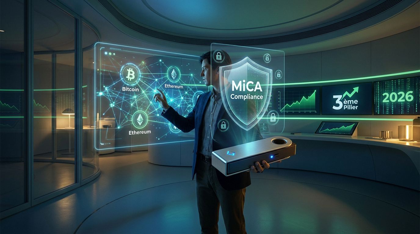 Un homme d'affaires interagissant avec une interface holographique affichant Bitcoin, Ethereum et la conformité MiCA.