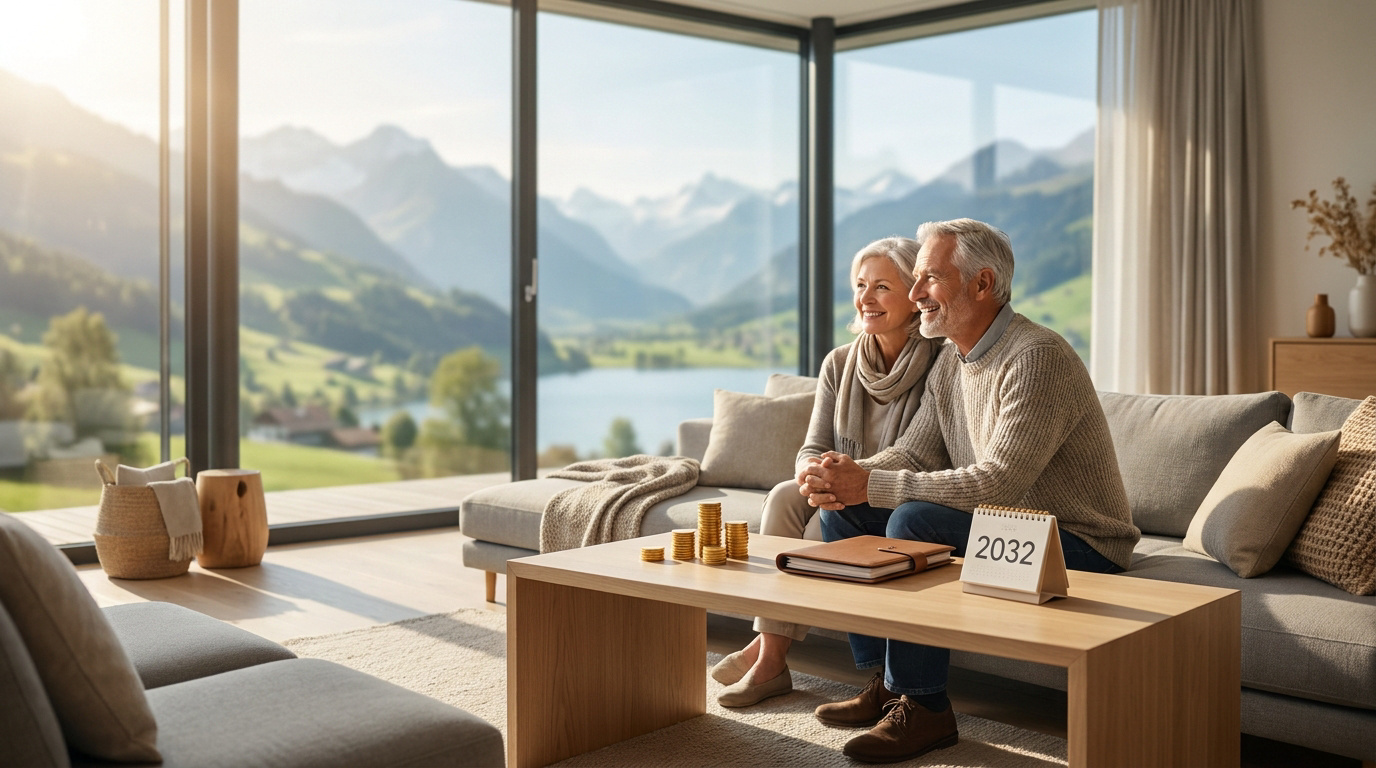Un couple de seniors souriants assis sur un canapé face à une vue panoramique sur les Alpes suisses et un lac.