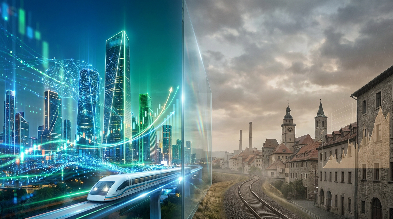 Un montage divisé entre un train futuriste dans une ville numérique connectée et une ville européenne traditionnelle.
