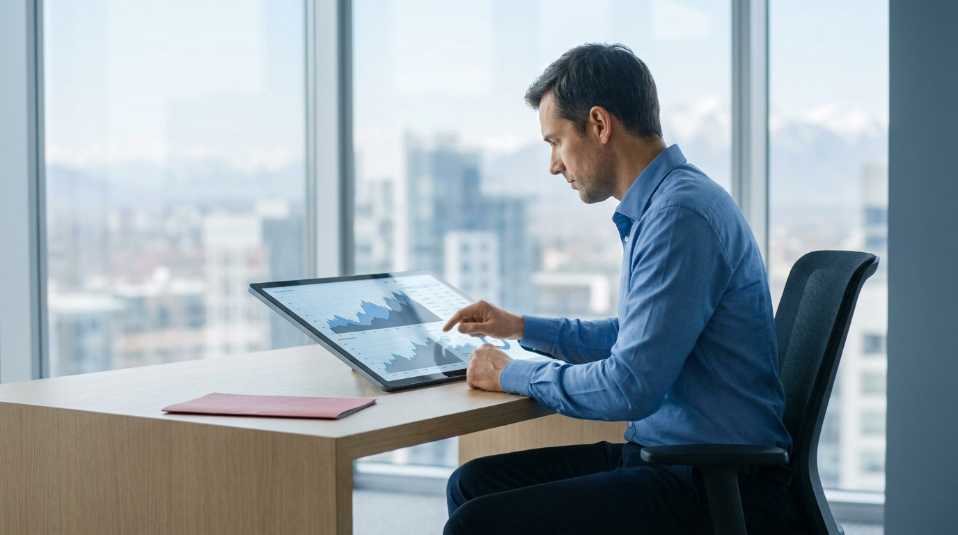 Un entrepreneur en chemise bleue analyse des graphiques financiers sur une tablette dans un bureau moderne avec vue.