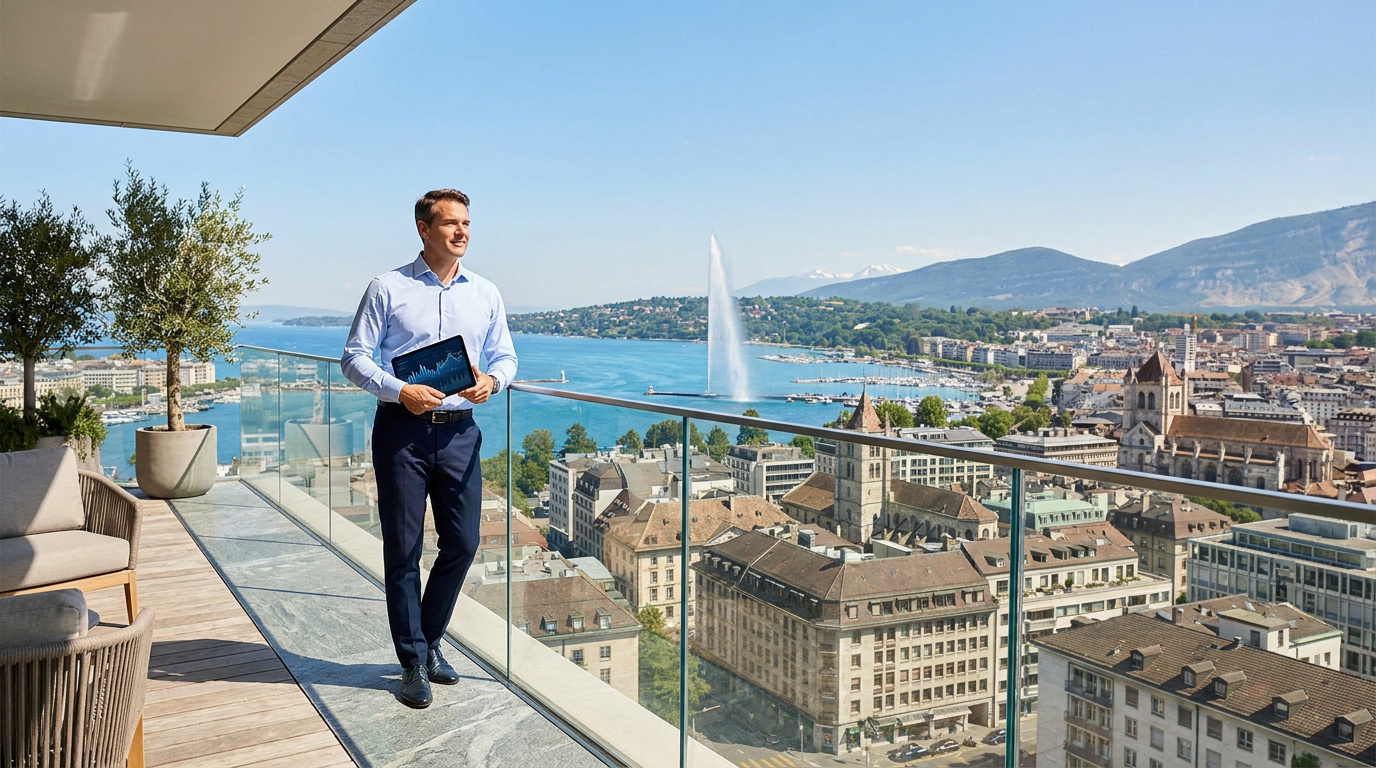 Un homme d'affaires avec une tablette sur une terrasse surplombant Genève et le Jet d'eau.
