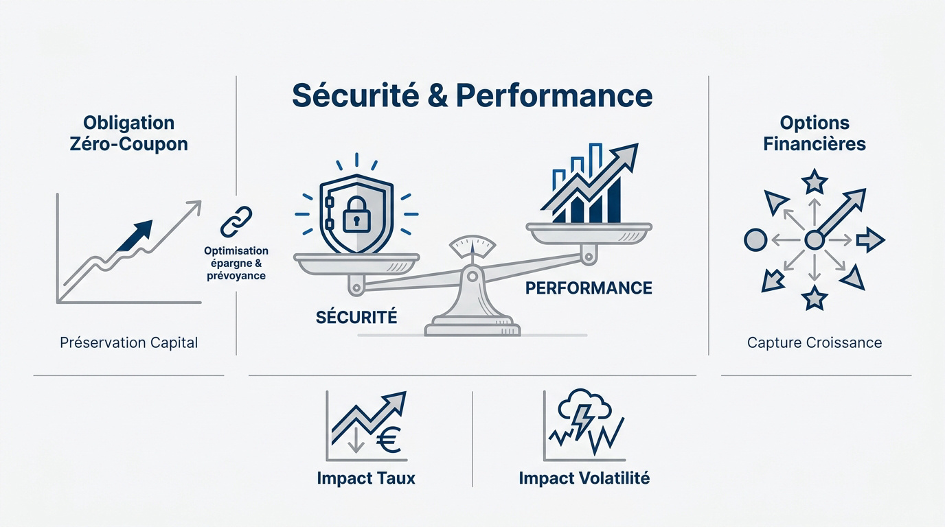 Infographie détaillant la structure entre obligation zéro-coupon et options financières pour la sécurité et la performance