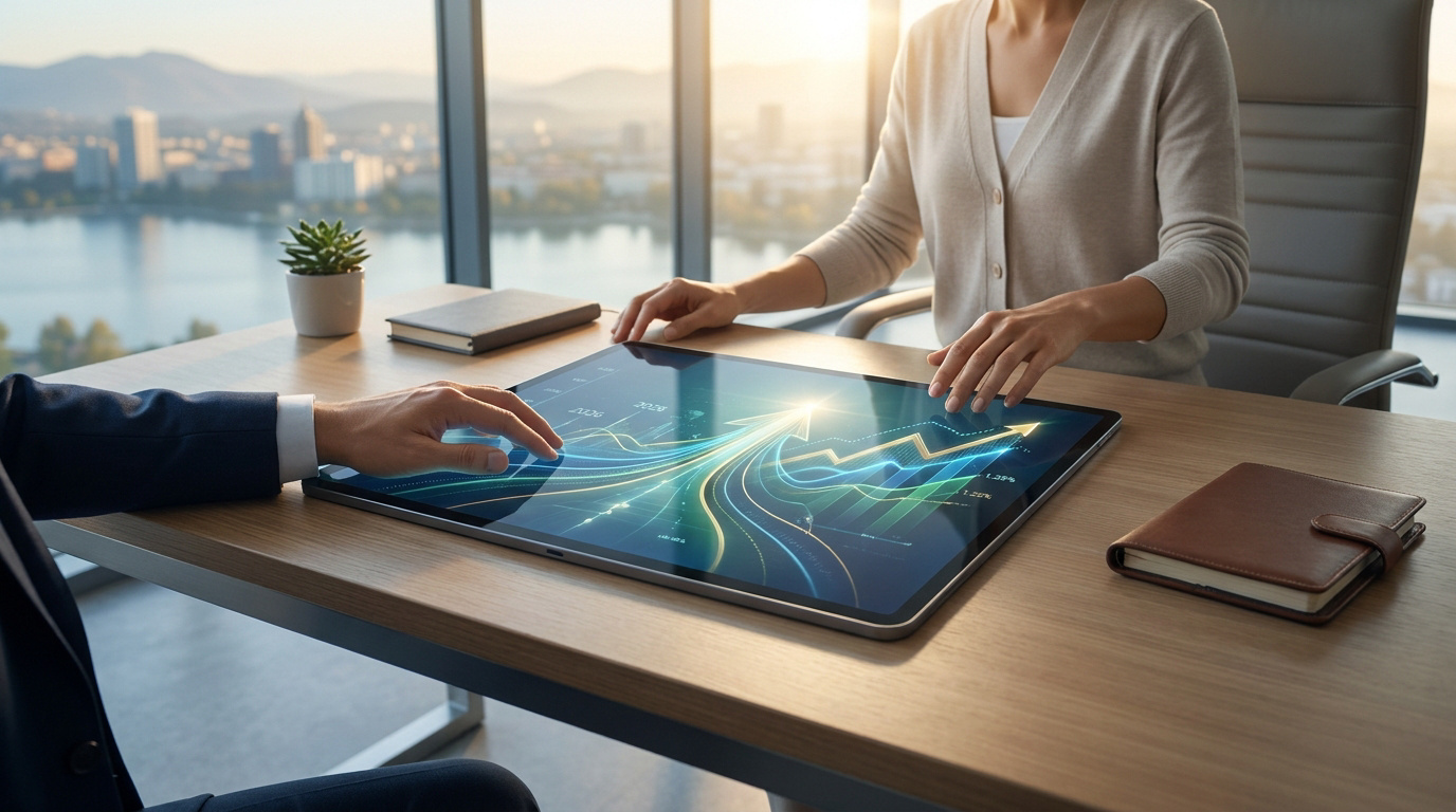 Deux professionnels analysent des graphiques de croissance numérique sur une tablette interactive dans un bureau moderne.