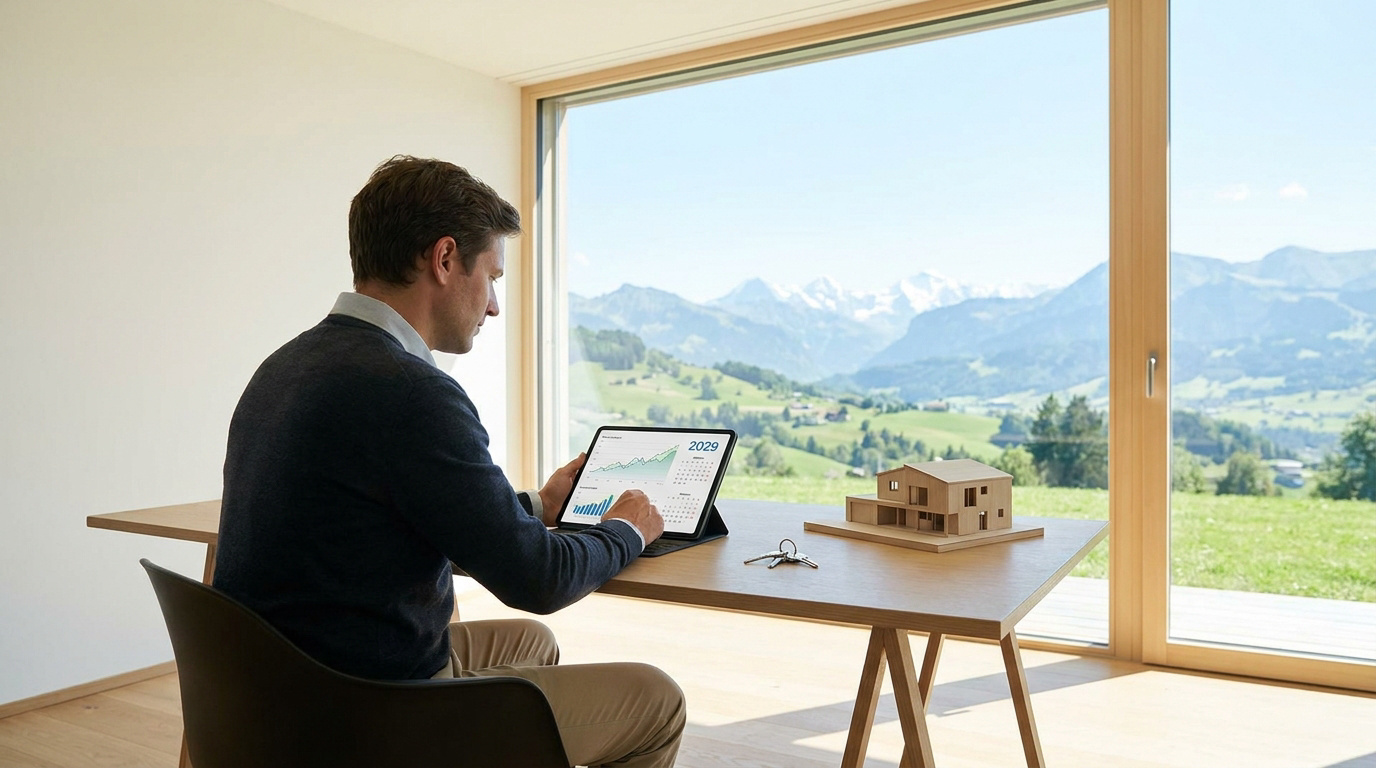 Un homme consulte une tablette avec des données financières devant une maquette de maison et un paysage montagneux.