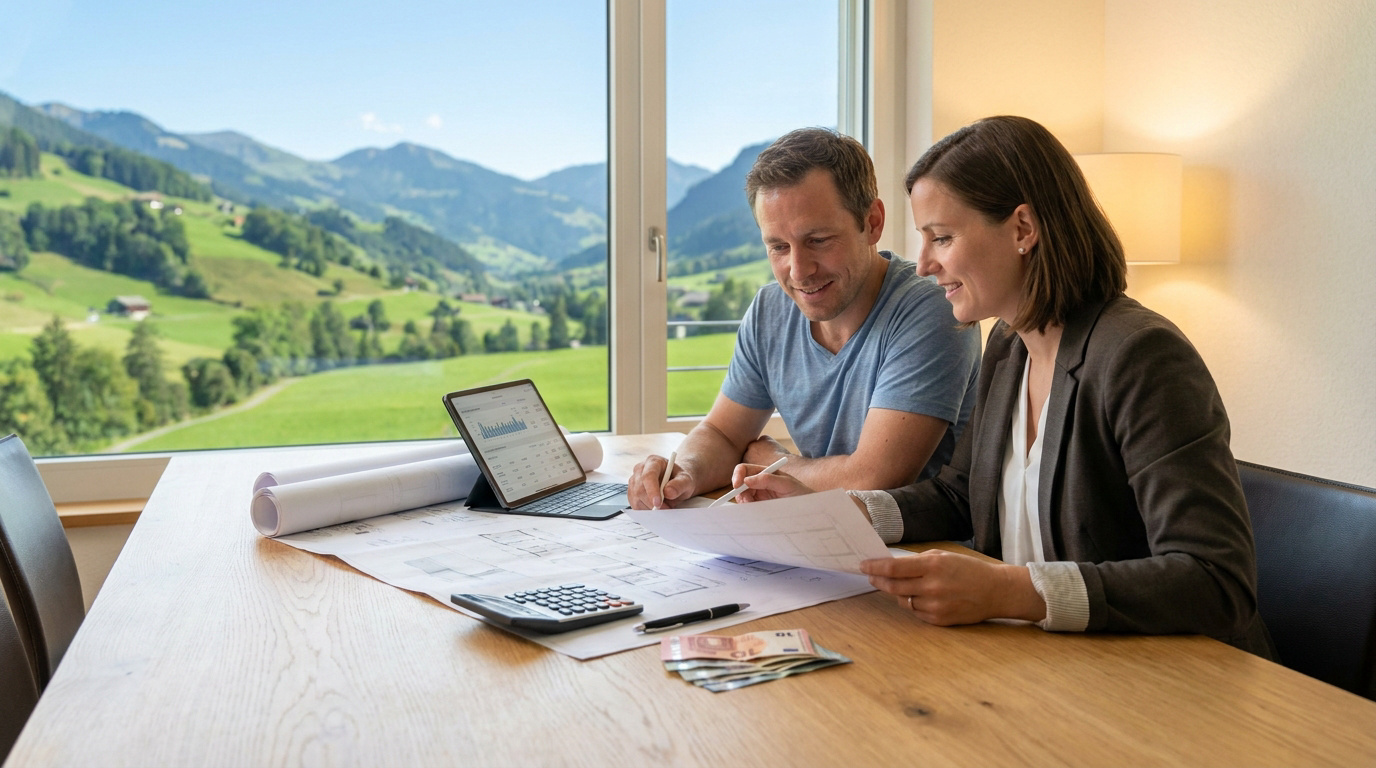 Un couple planifiant un projet immobilier devant des plans et des montagnes suisses.