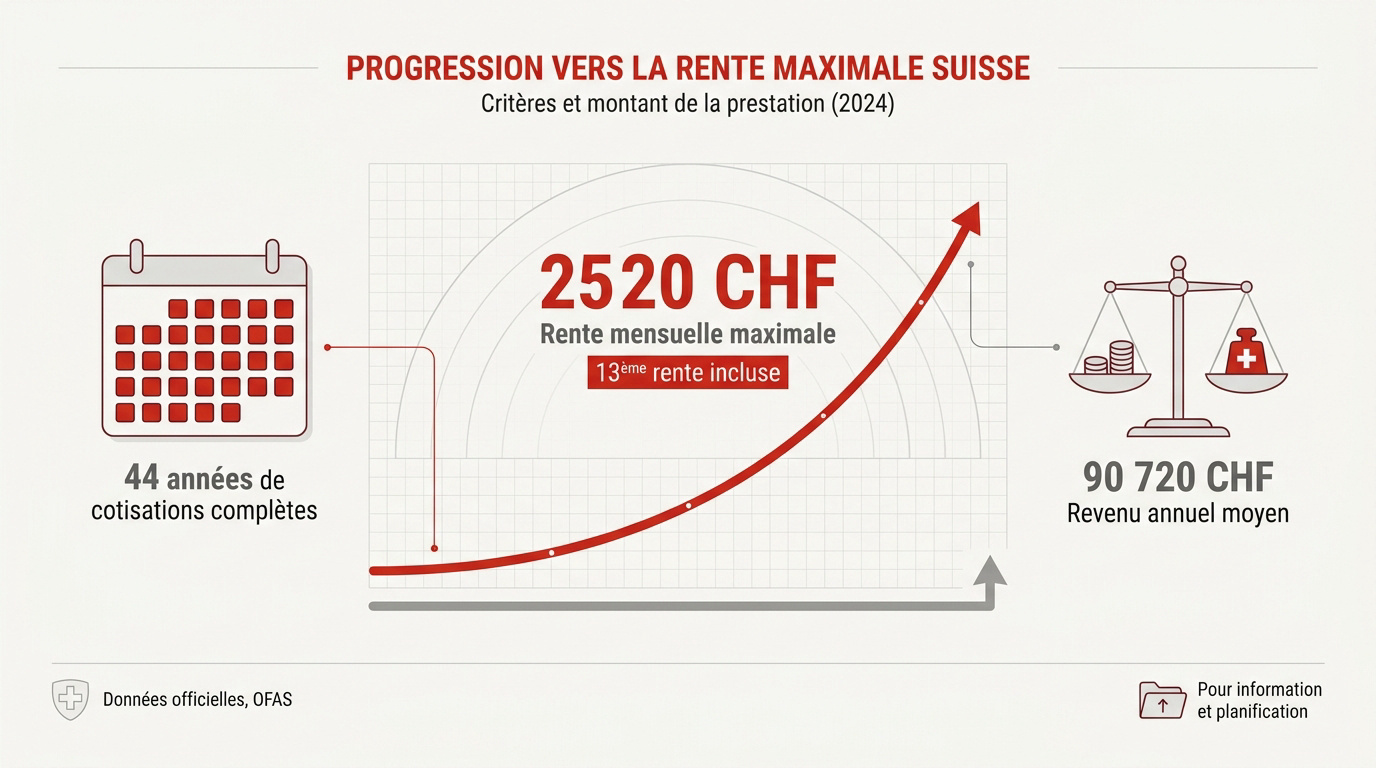 Graphique des critères pour obtenir la rente AVS maximale en Suisse en 2026