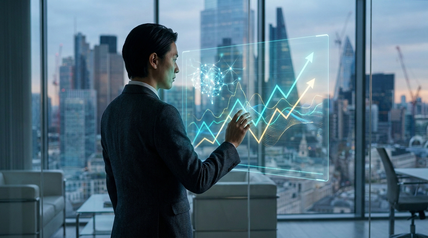 Un homme d'affaires analyse des graphiques de performance boursière avec une interface IA dans un bureau moderne.