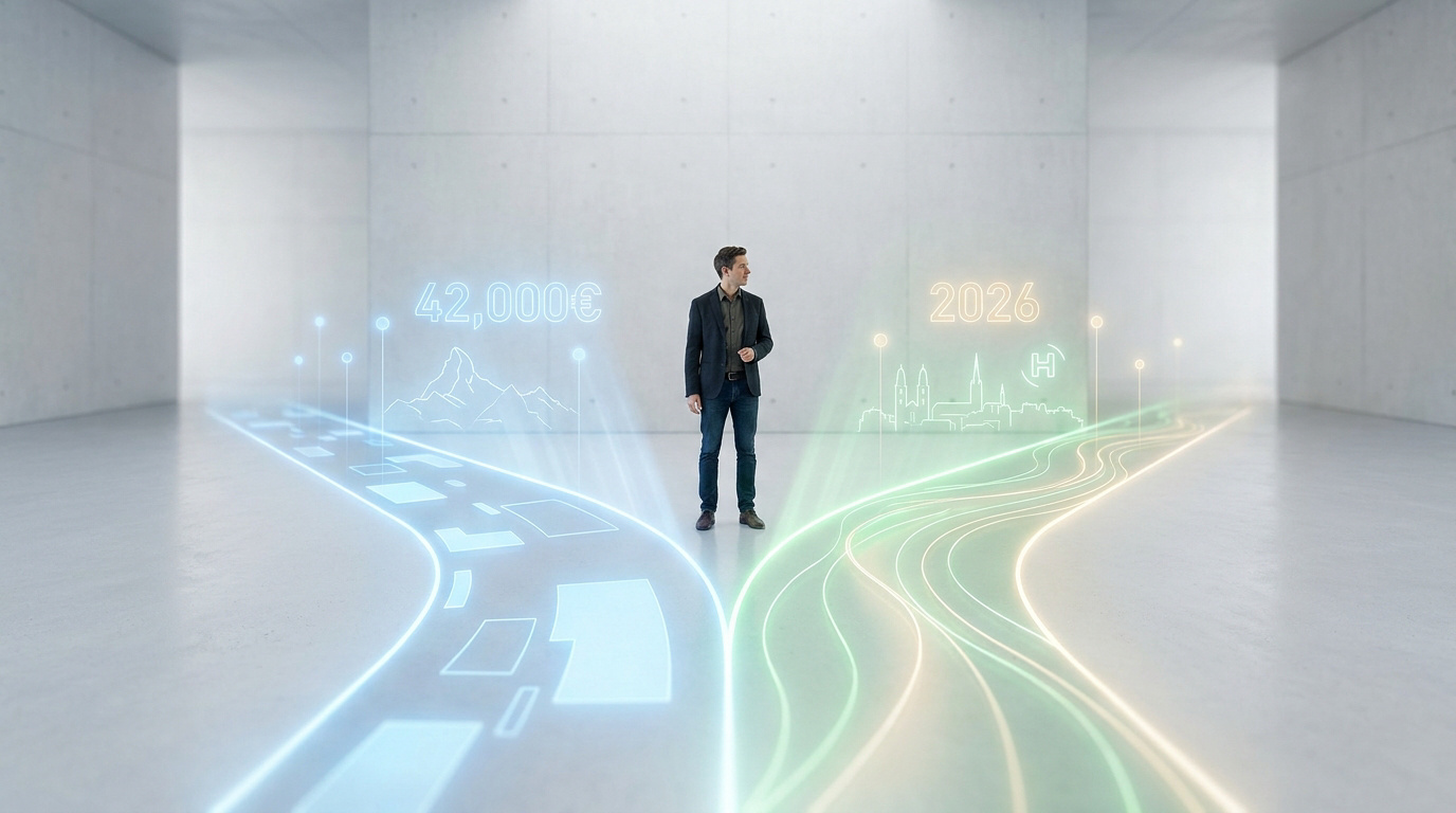 Un homme debout devant une bifurcation numérique affichant 42 000 euros et l'année 2026 sur fond minimaliste.