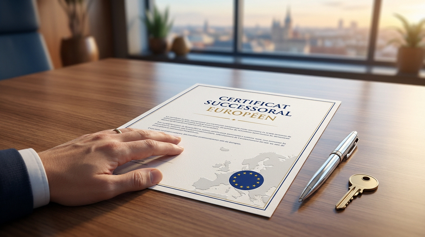 Une main posée sur un document officiel titré Certificat Successoral Européen sur un bureau avec un stylo et une clé.