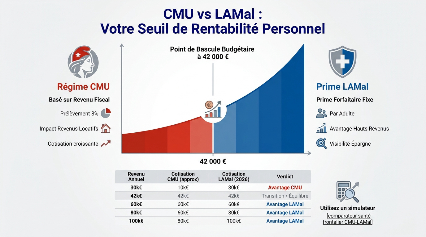 Graphique du seuil de rentabilité CMU vs LAMal pour frontaliers