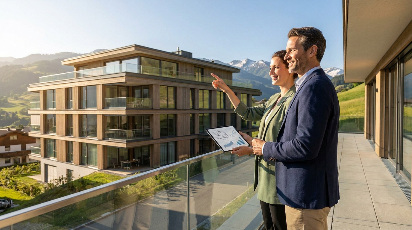 Un couple regarde un immeuble moderne depuis une terrasse avec une tablette affichant des données financières.