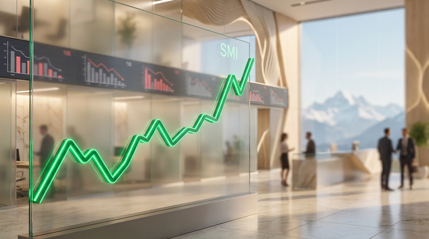 Graphique boursier SMI en néon vert sur une paroi en verre dans un bureau moderne avec vue sur les Alpes.