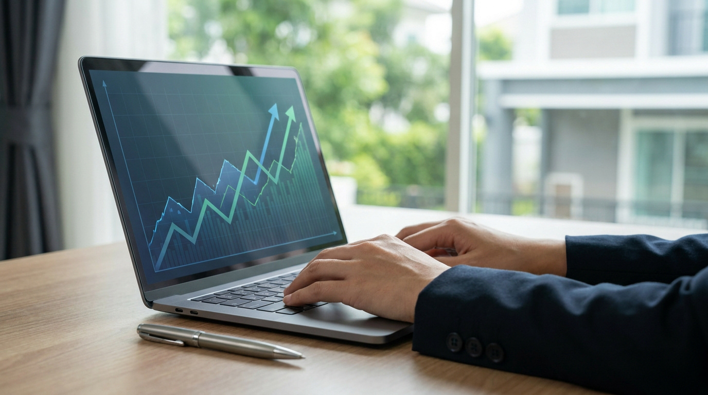 Mains sur un ordinateur portable affichant des graphiques de croissance financière devant une fenêtre lumineuse.