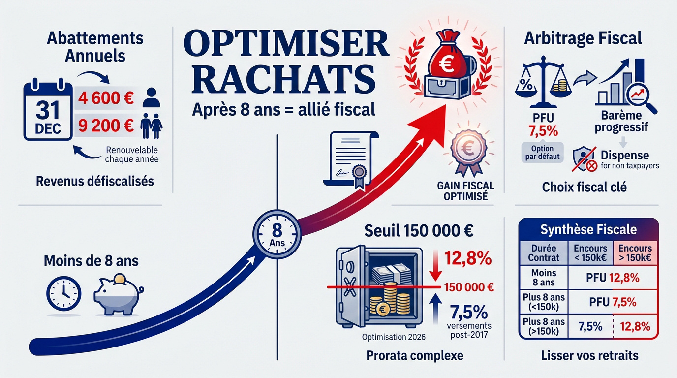 Optimisation fiscale des rachats d'assurance vie après huit ans de détention