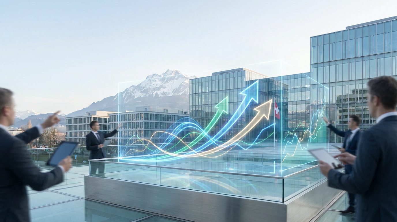 Hommes d'affaires manipulant des graphiques financiers numériques devant des bâtiments modernes et des montagnes.