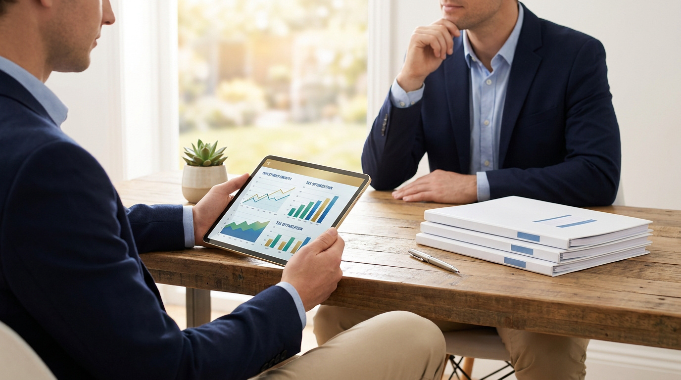 Deux hommes en costume analysent des graphiques de performance financière sur une tablette numérique.