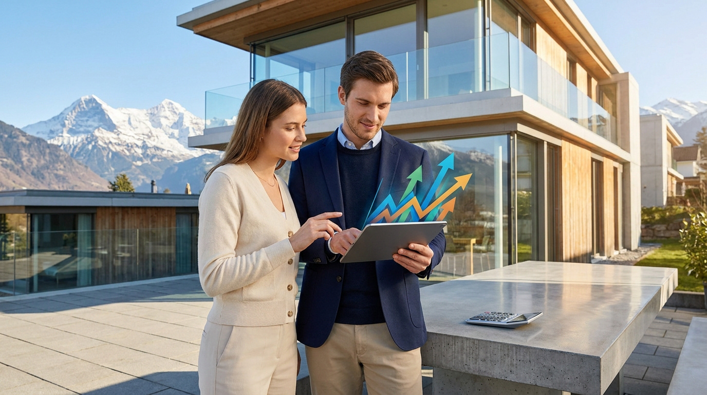 Un couple consulte des graphiques de croissance financière sur une tablette devant une maison moderne et des Alpes suisses.
