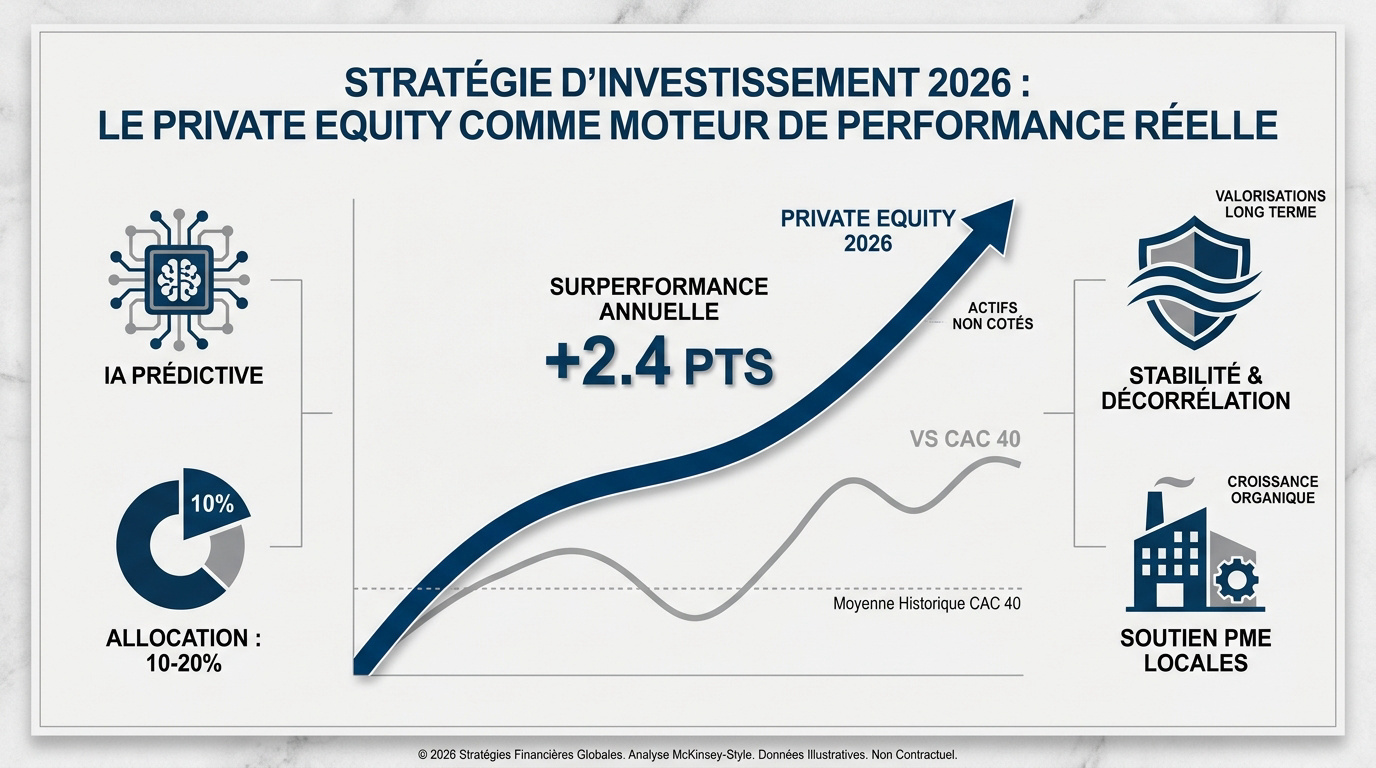 Graphique illustrant la performance supérieure du private equity en 2026 comparée aux marchés boursiers