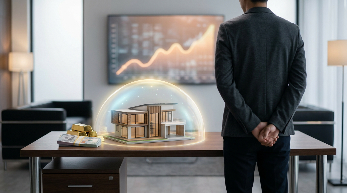 Un investisseur regarde une maquette de maison protégée par une bulle lumineuse, aux côtés d'or et de billets.