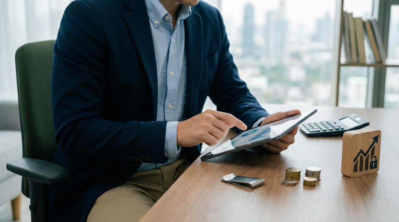 Un conseiller financier examine des graphiques sur une tablette à son bureau avec des pièces de monnaie et une icône.