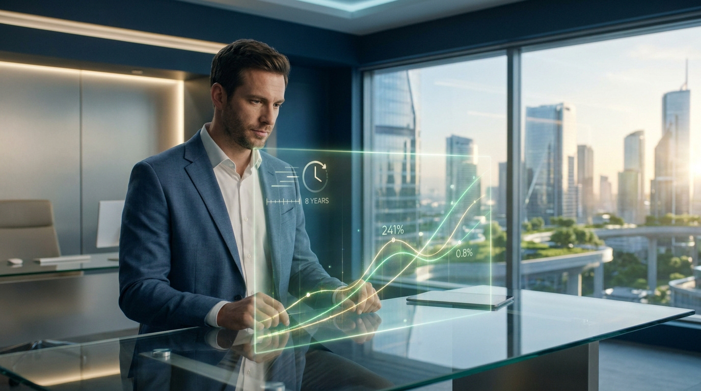 Un professionnel analysant des données financières en hologramme dans un bureau moderne avec vue sur une métropole.