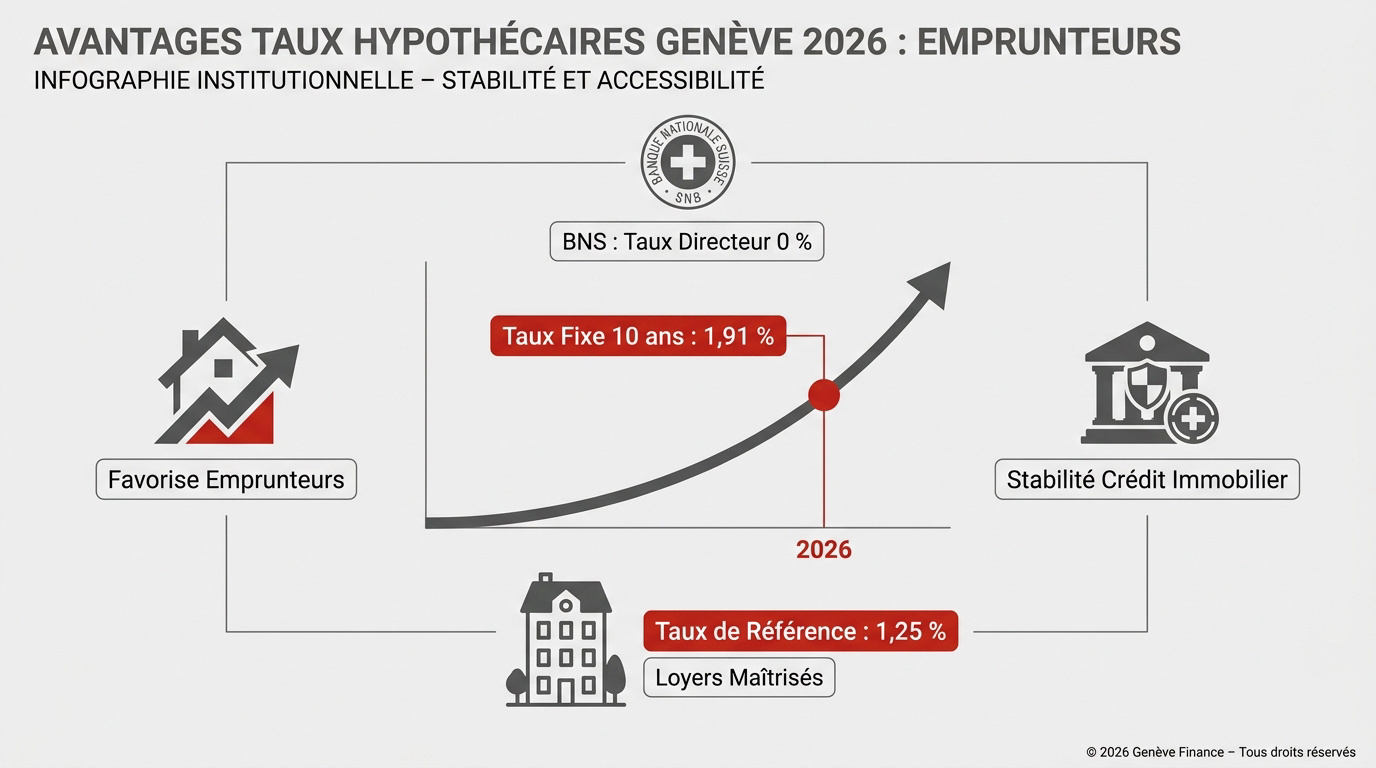 Graphique illustrant la stabilisation des taux hypothécaires à Genève en 2026 sous la barre des 2 pour cent