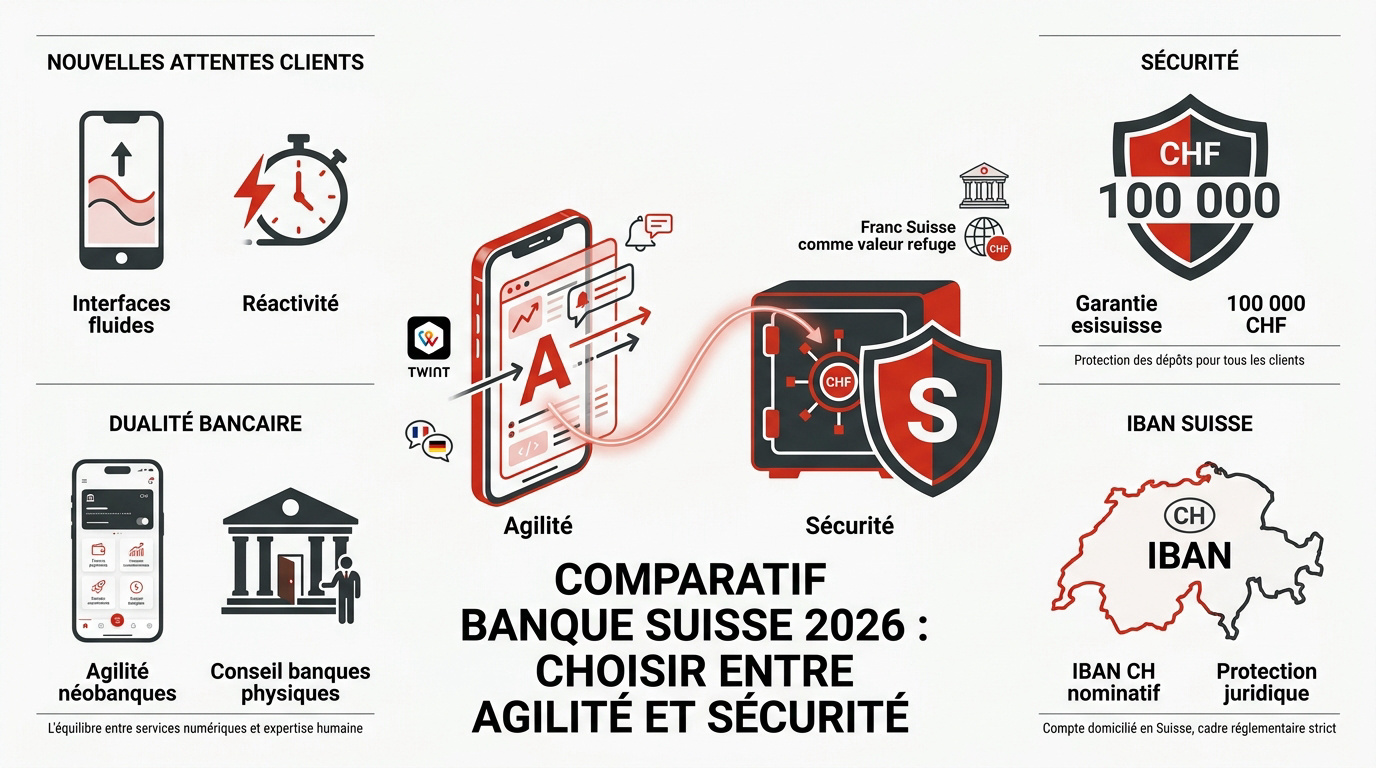 Comparaison visuelle entre les interfaces numériques des néobanques et la solidité des banques traditionnelles suisses en 2026