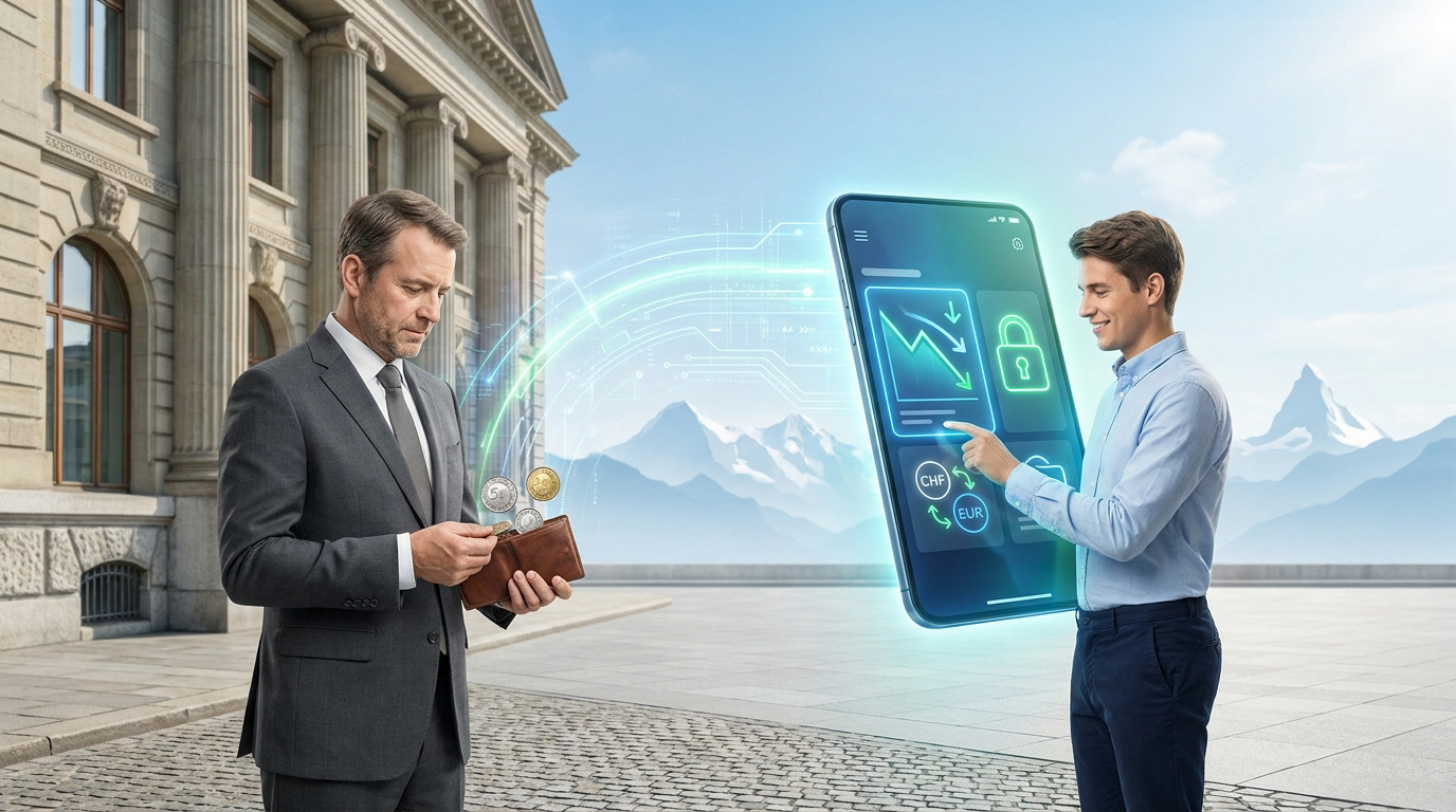 Un banquier en costume face à un jeune utilisant une interface bancaire numérique holographique devant les Alpes suisses.