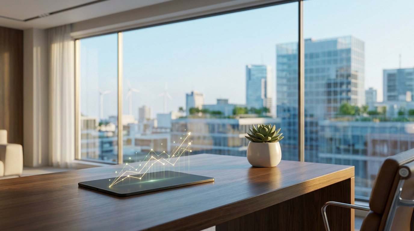 Graphique boursier holographique montant au-dessus d'une tablette sur un bureau avec vue sur une ville moderne.