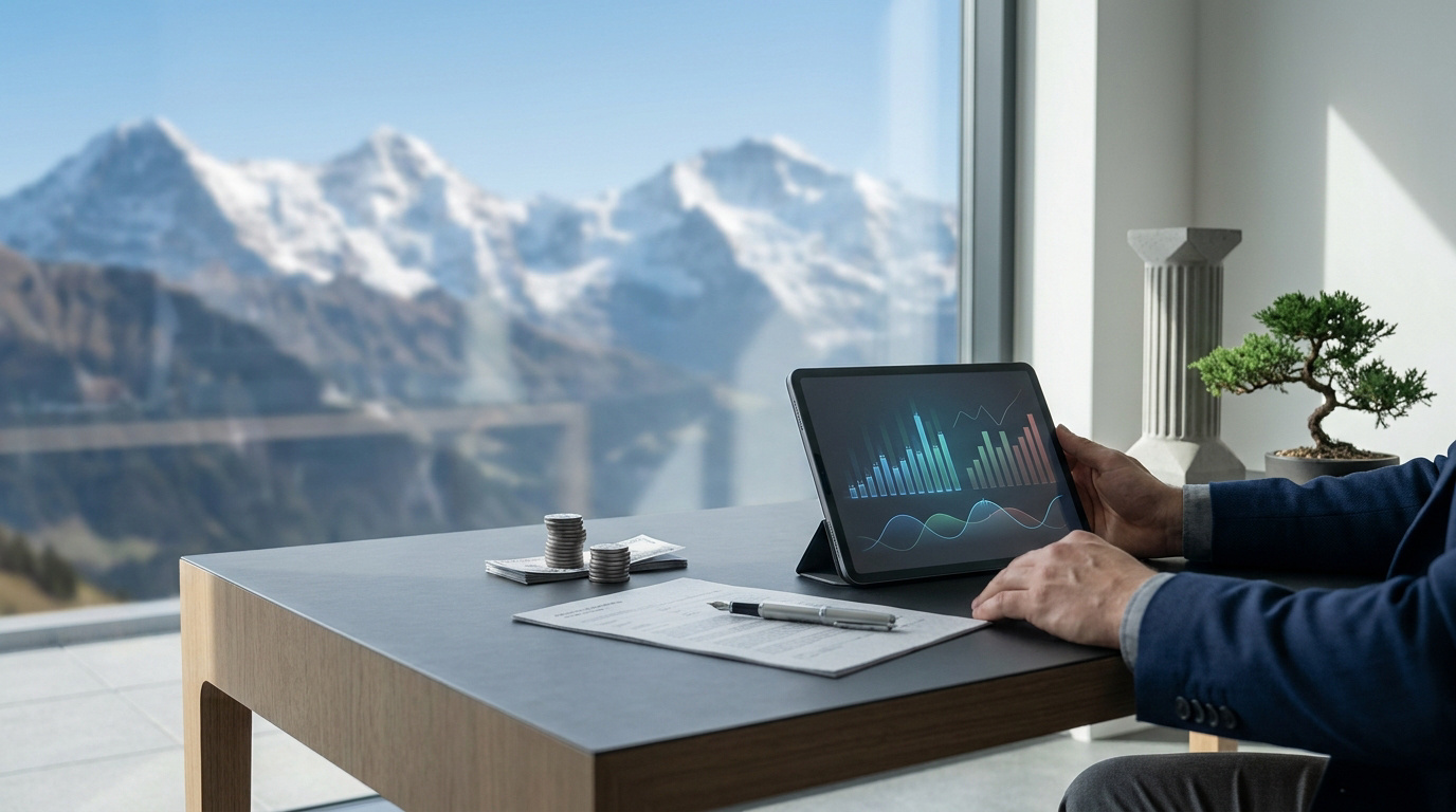 Un professionnel analyse des graphiques financiers sur tablette devant une vue panoramique des Alpes suisses.