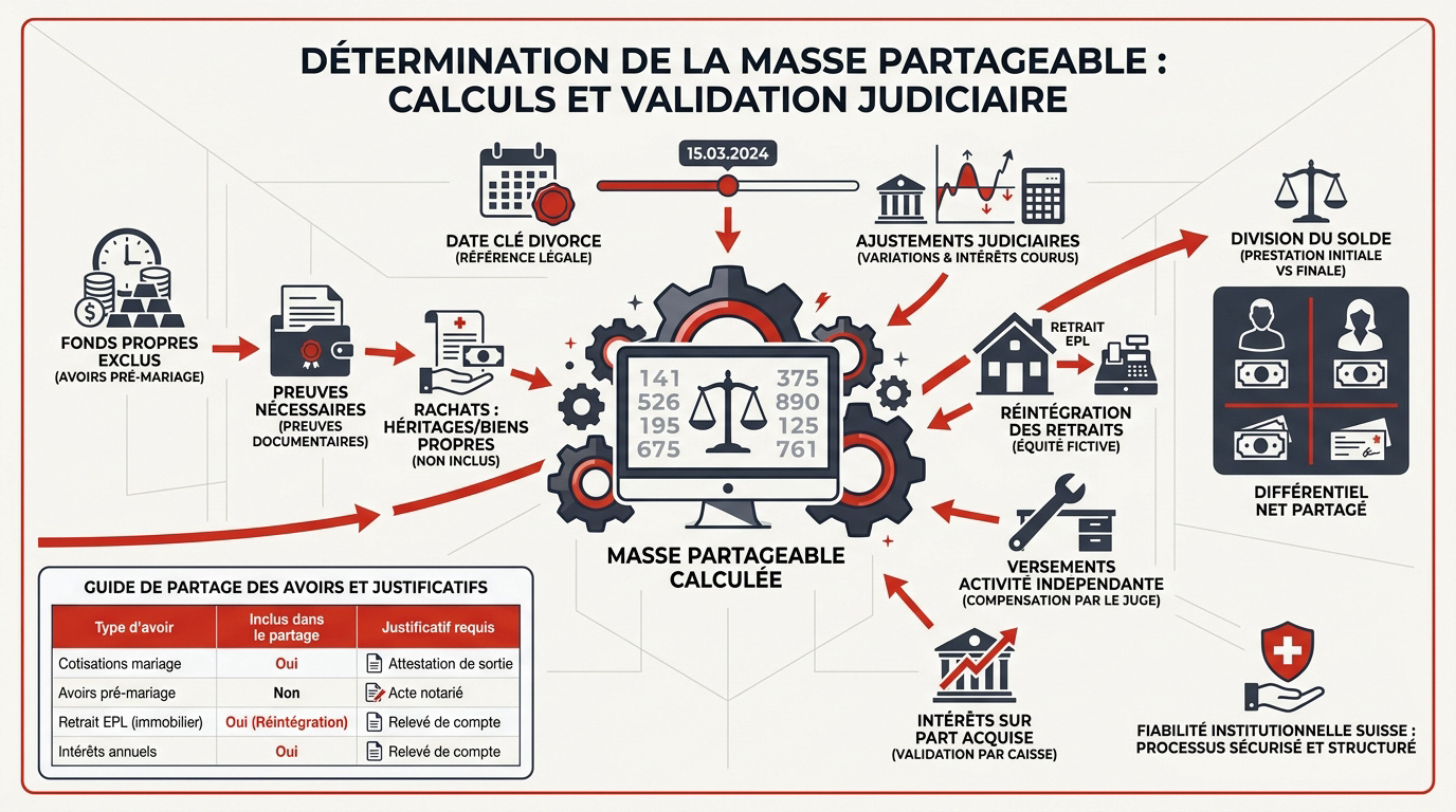 Graphique expliquant le calcul de la masse partageable des avoirs LPP lors d'un divorce en Suisse