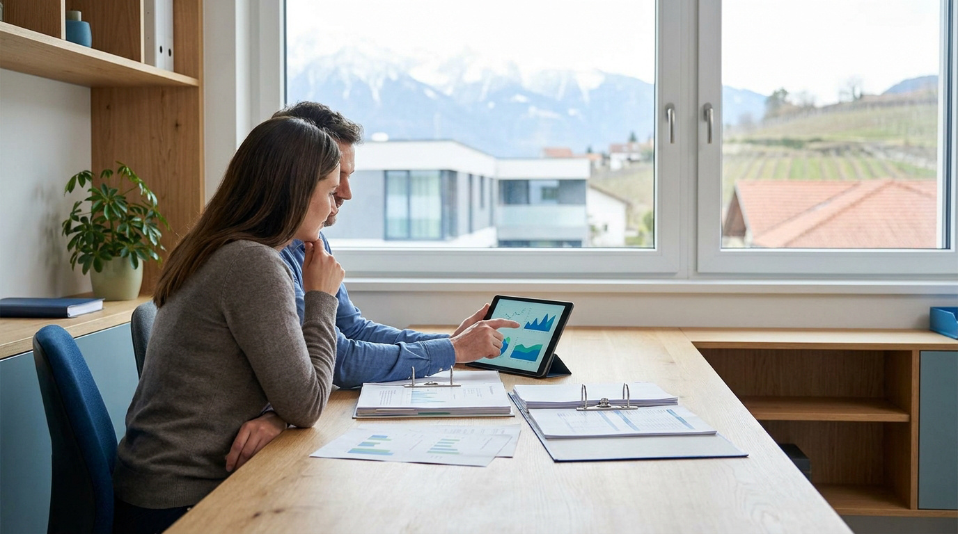 Un couple examine des graphiques financiers sur une tablette dans un bureau moderne avec vue sur les montagnes.