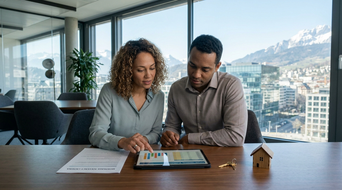 Un couple examine des données financières sur une tablette avec une maquette de maison devant une vue sur les montagnes.