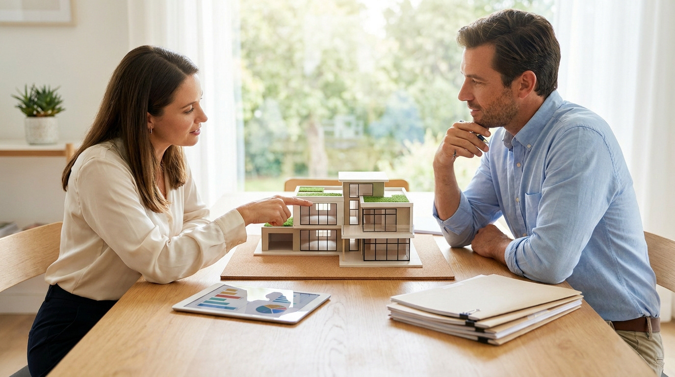 Une femme montre une maquette de maison moderne à un homme lors d'un rendez-vous professionnel sur l'immobilier.