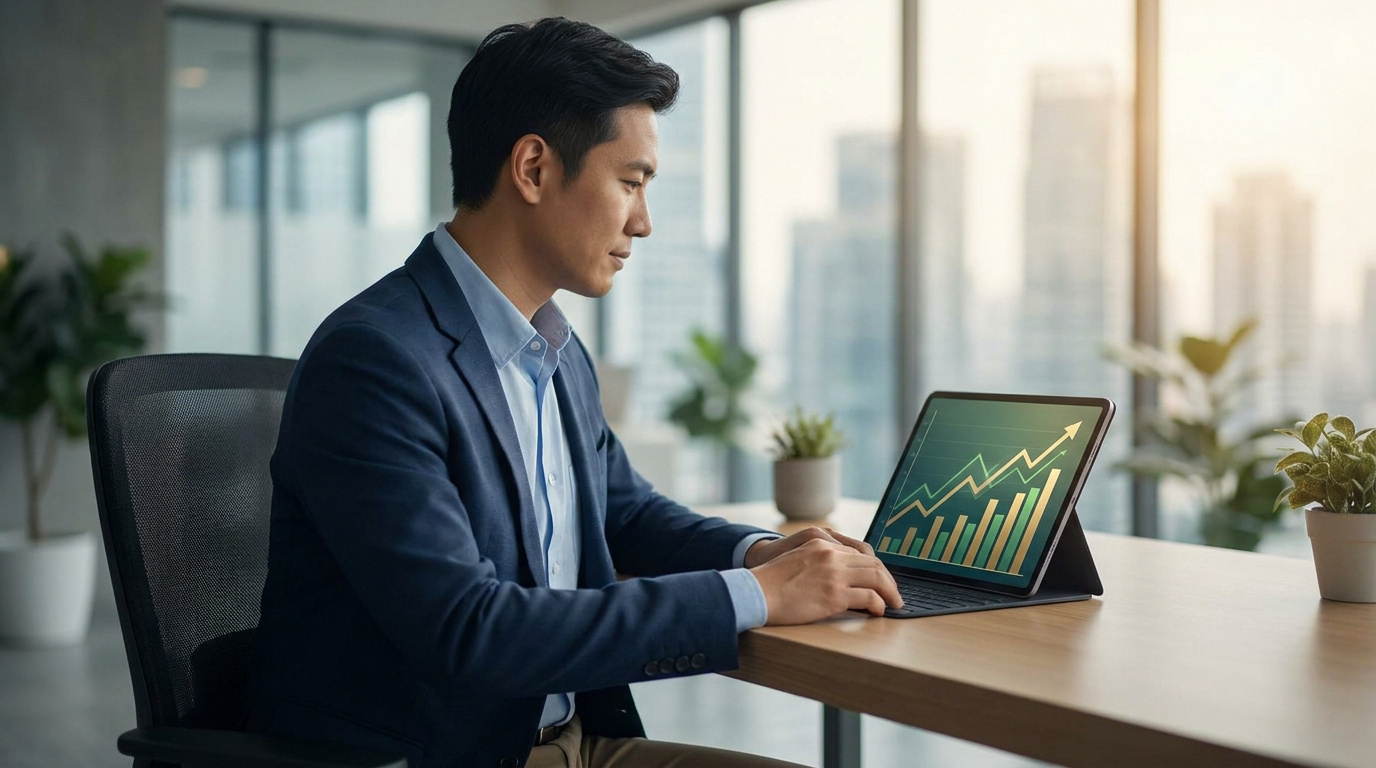 Homme d'affaires travaillant sur une tablette affichant un graphique de croissance financière dans un bureau moderne.