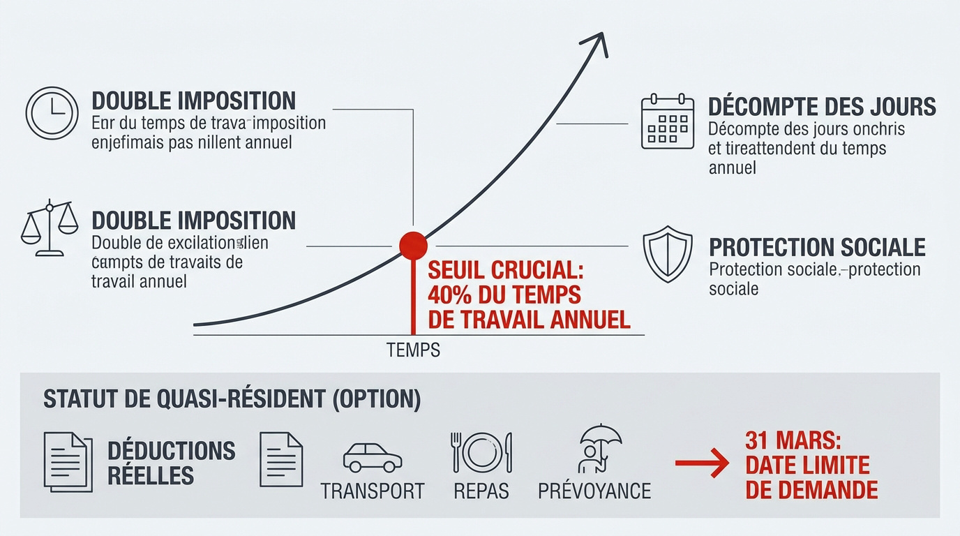 Infographie des seuils fiscaux et règles de télétravail pour les frontaliers franco-suisses