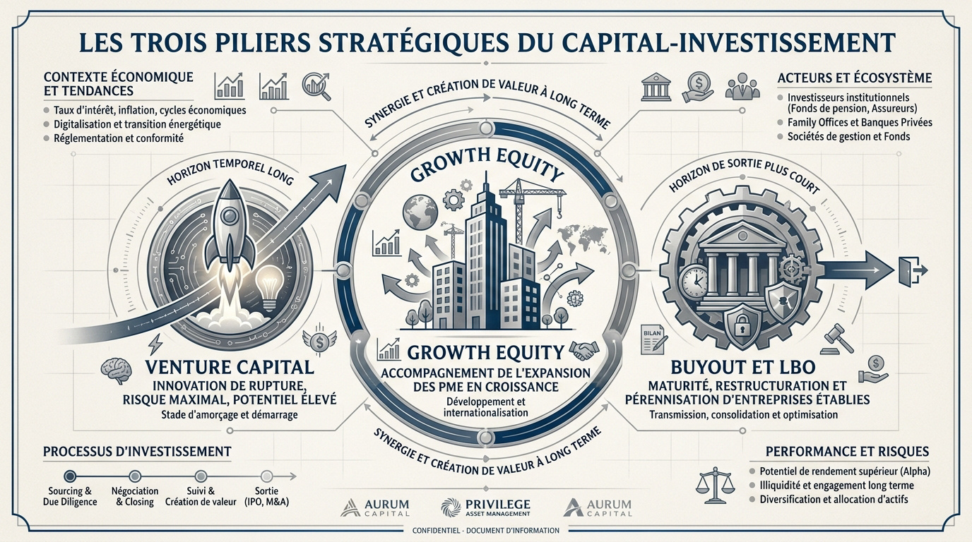 Représentation des trois segments majeurs du private equity : venture, growth et buyout