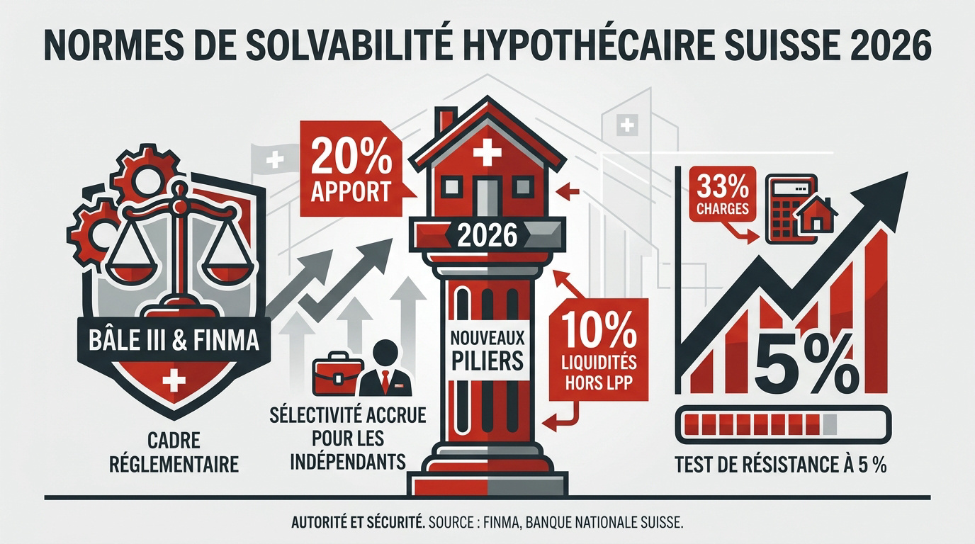 Graphique des normes de solvabilité hypothécaire en Suisse pour 2026 détaillant les fonds propres et le taux de stress