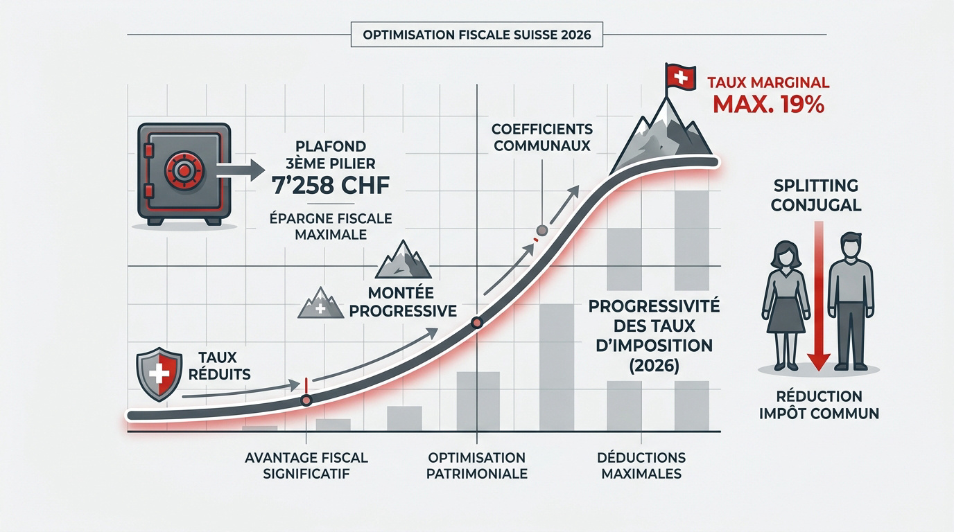 Graphique illustrant les leviers de l'optimisation fiscale en Suisse pour 2026