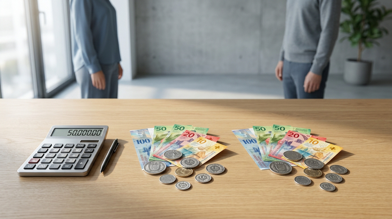 Deux piles identiques de billets et pièces en francs suisses sur une table avec une calculatrice.