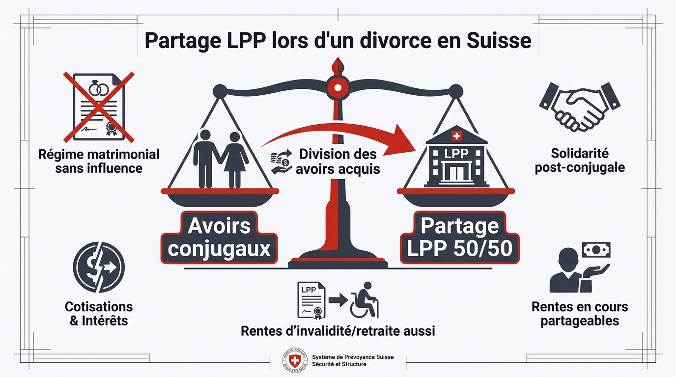Représentation de l'équilibre financier et du partage paritaire des avoirs LPP en Suisse lors d'un divorce