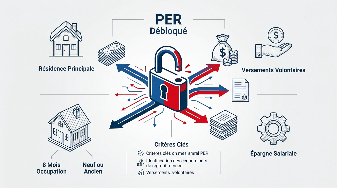 Schéma explicatif des conditions de déblocage du Plan d'Épargne Retraite pour l'achat immobilier