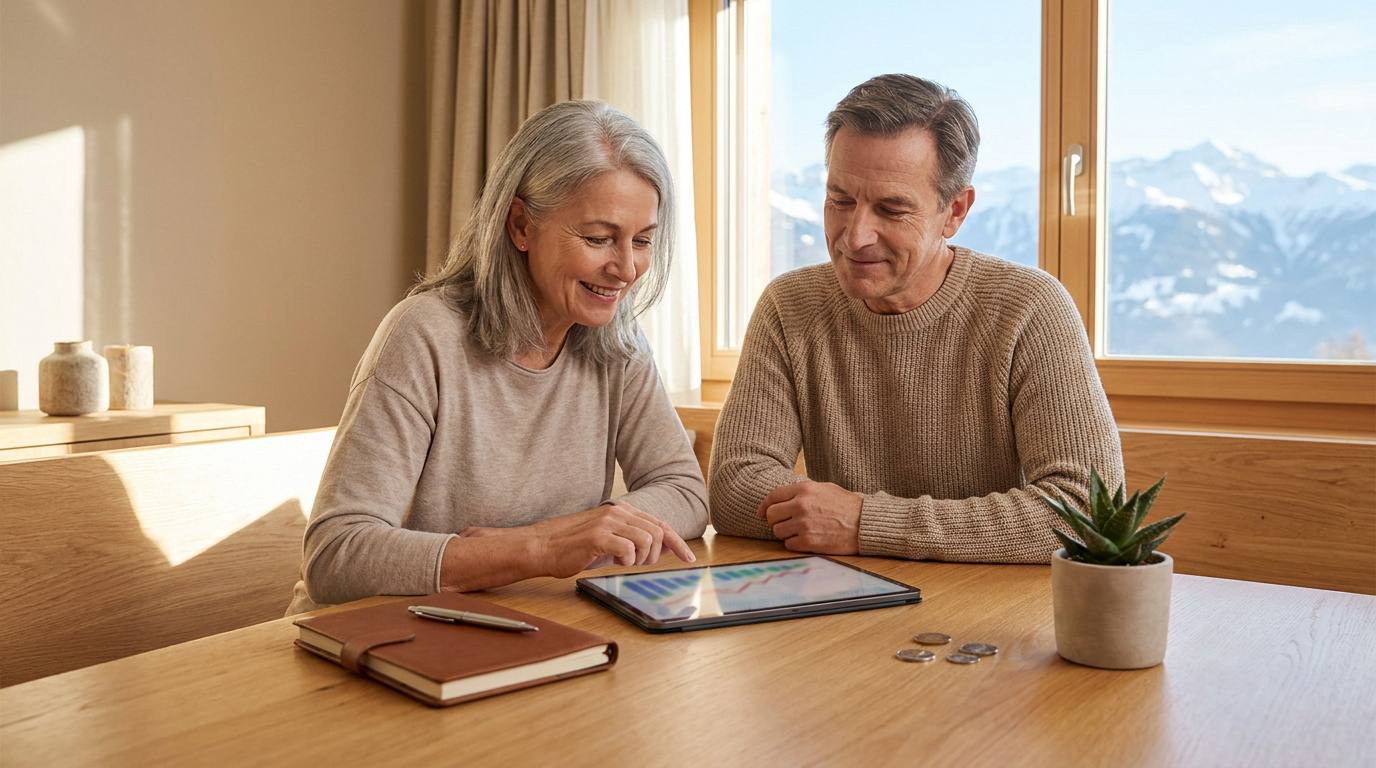 Un couple mature consulte des graphiques financiers sur une tablette près d'une fenêtre avec vue sur les Alpes.