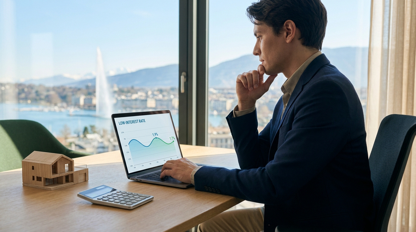 Un homme en costume devant un ordinateur affichant un graphique financier avec le Jet d'eau de Genève en arrière-plan.