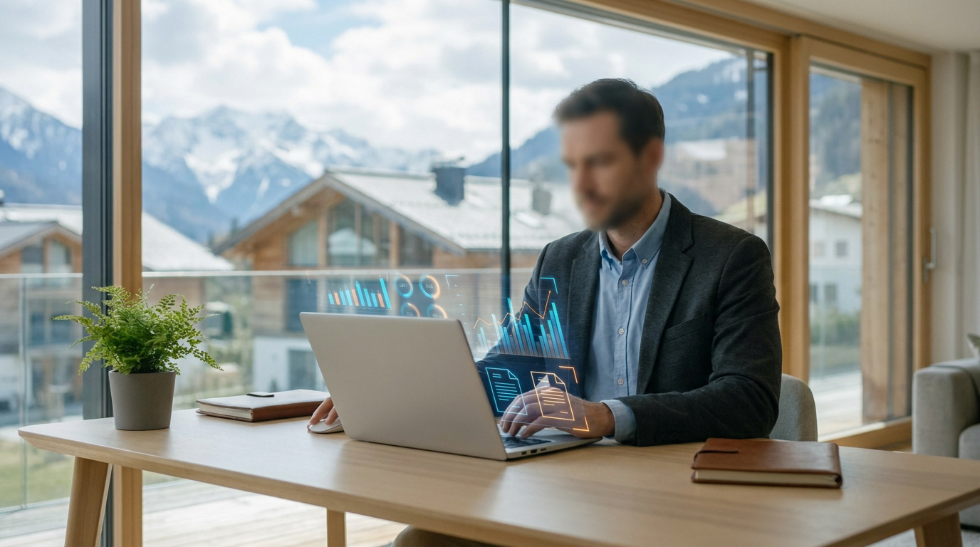 Un professionnel travaille sur un ordinateur avec des graphiques financiers holographiques, face à des montagnes suisses.