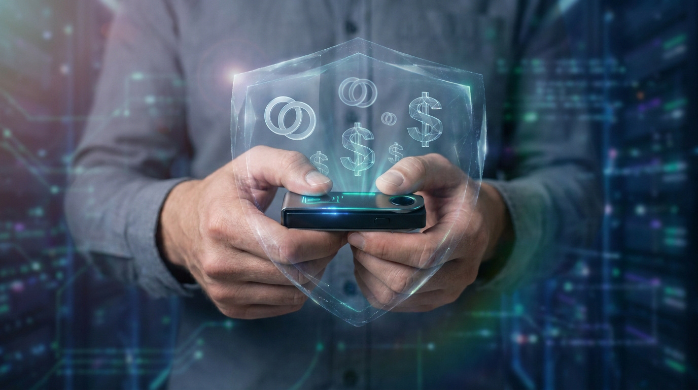 Mains tenant un portefeuille matériel de cryptomonnaie protégé par un bouclier numérique holographique.