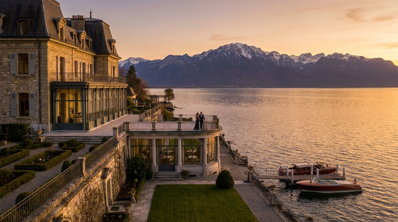 Manoir luxueux au bord du lac Léman avec vue sur les Alpes au coucher du soleil.