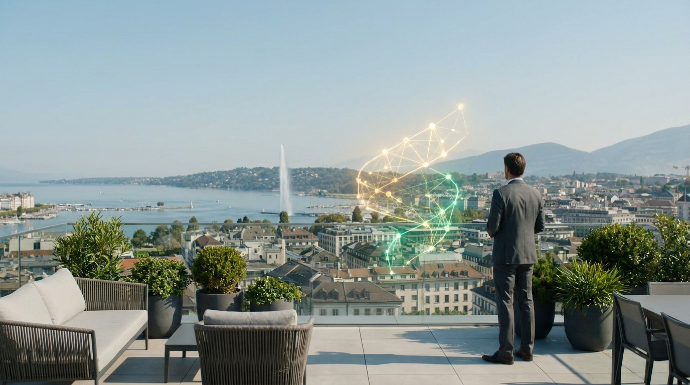 Un homme d'affaires en costume surplombe Genève depuis une terrasse avec un graphique numérique en réseau.